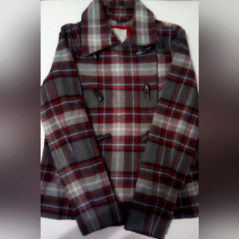 Old Navy Plaid Checked Wool Blend Pea Coat Size XS Made In Turkey Vintage